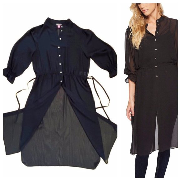 Vince Camuto chiffon sheer side tie long tunic, high side slit, black PXS XS pet - Picture 1 of 10